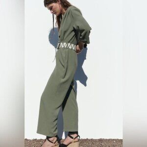 New With Tag Zara Belted Straight Leg Jumpsuit Khaki Size S